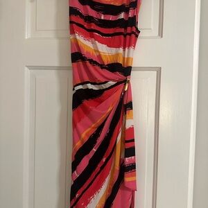 Tahari Coral and Black Floral-Accent Dress